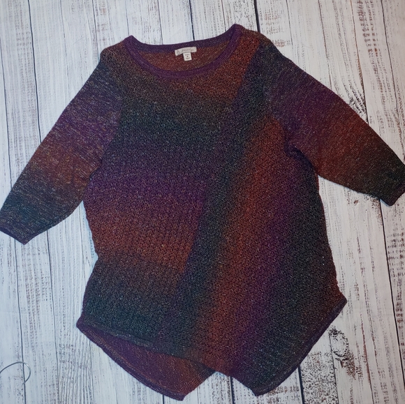 Asymmetrical Sweater, 3/4 sleeves, reddish orange, purple, green , 1X - Picture 1 of 11